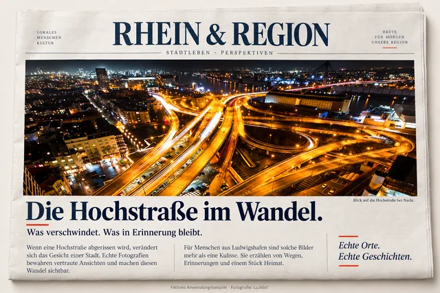 Fiktive Zeitung Rhein & Region: Die Hochstraße im Wandel, mit Nachtaufnahme