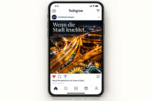 Fiktiver Instagram-Beitrag mit der beleuchteten Hochstraße bei Nacht
