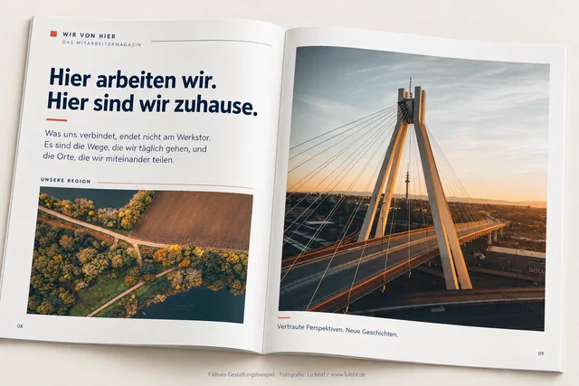 Fiktive Mitarbeiterzeitung mit einer regionalen Brückenaufnahme