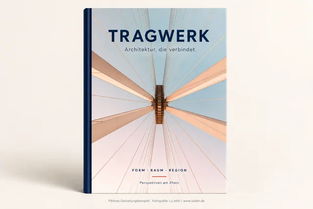Fiktives Architekturbuch Tragwerk mit Blick in die Seilkonstruktion einer Brücke
