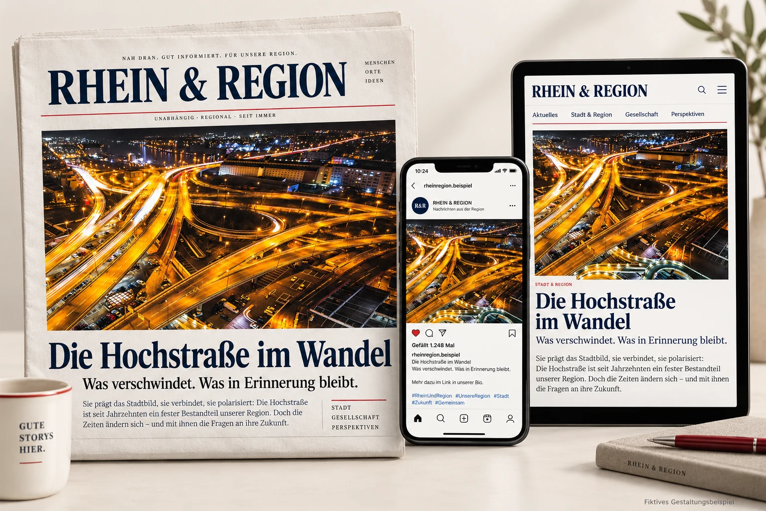 Fiktive Zeitung Rhein und Region mit Hochstraße, Instagram-Beitrag und Tablet
