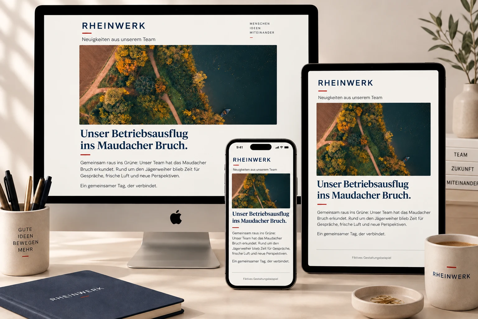 Fiktiver RHEINWERK-Firmennewsletter auf Mac, Tablet und Smartphone